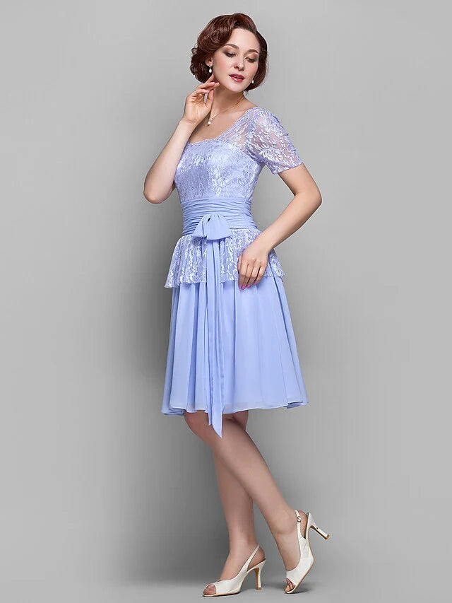Wholesale A-Line Mother of the Bride Dress Square Neck Knee Length Chiffon Lace Short Sleeve with Lace Bow(s) Ruched