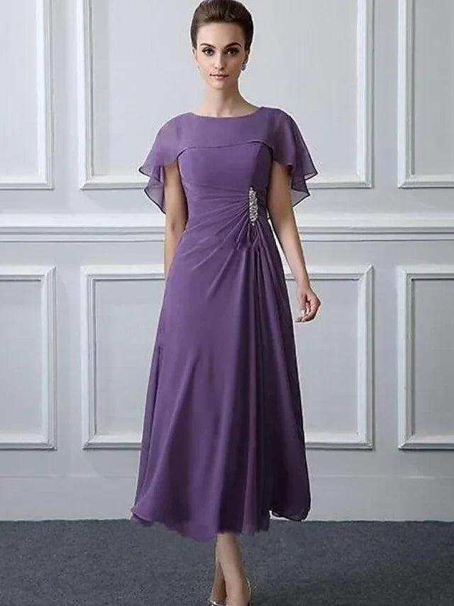Wholesale A-Line Mother of the Bride Dress Plus Size Bateau Neck Tea Length Chiffon Short Sleeve with Ruffles Crystal Brooch Ruching