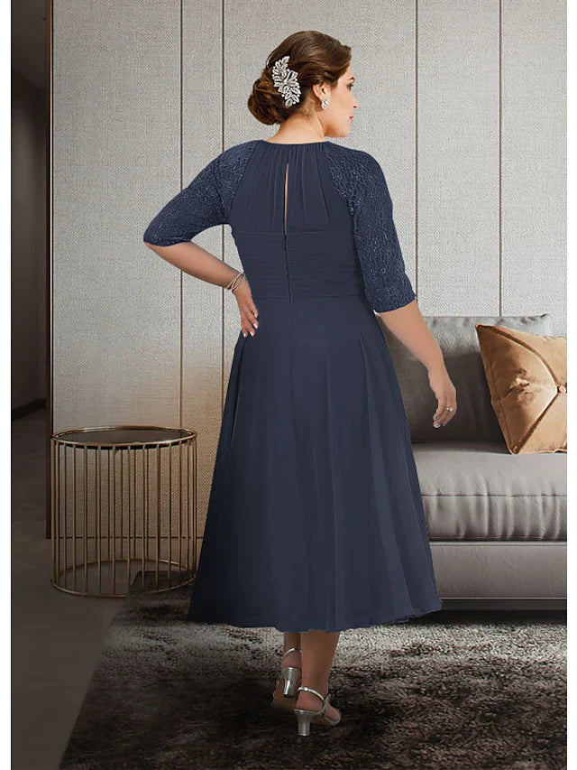 Wholesale A-Line Mother of the Bride Dress Plus Size Elegant Jewel Neck Tea Length Chiffon Lace Half Sleeve with Pleats Appliques Ruching