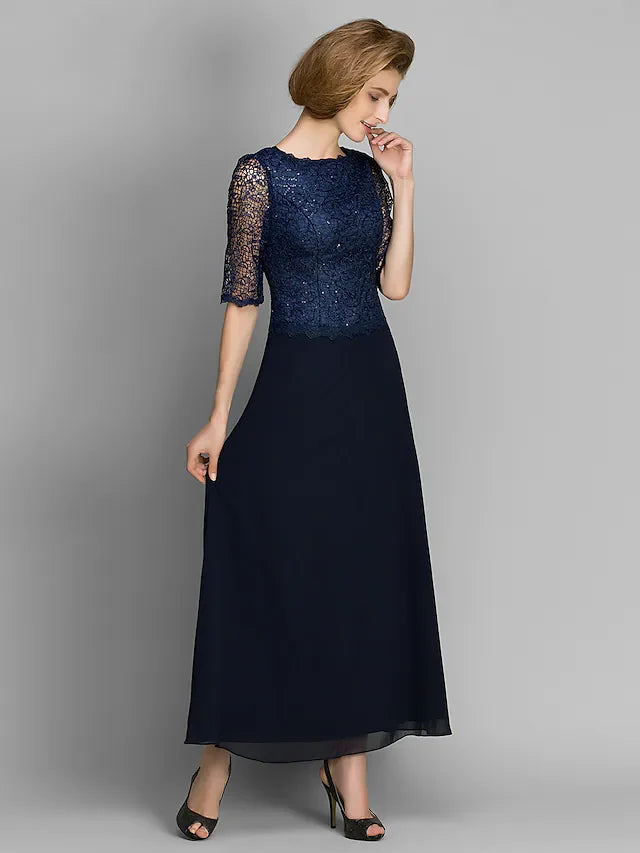 Wholesale Mother of the Bride Dress See Through Jewel Neck Ankle Length Chiffon Half Sleeve with Lace Pleats