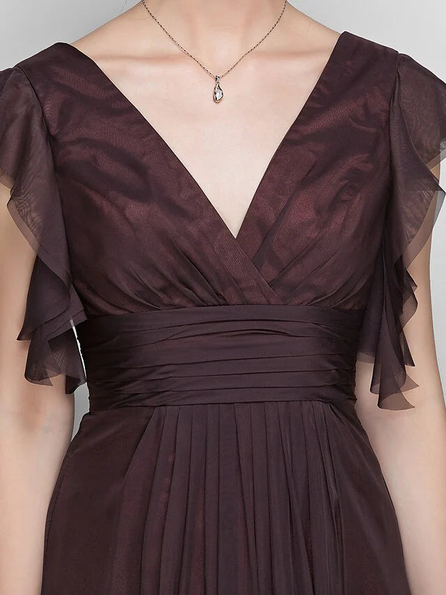 Wholesale Mother of the Bride Dress Beautiful Back V Neck Floor Length Chiffon Short Sleeve with Criss Cross Ruched Draping