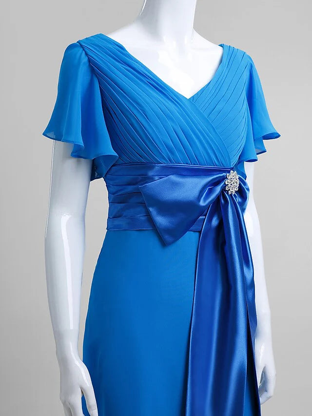 Wholesale Mother of the Bride Dress Elegant V Neck Floor Length Chiffon Short Sleeve with Criss Cross Crystals