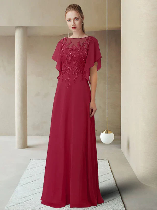 Wholesale Mother of the Bride Dress Elegant Jewel Neck Floor Length Chiffon Lace Half Sleeve with Appliques