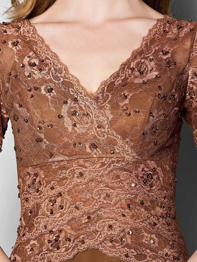 Wholesale A-Line Mother of the Bride Dress V Neck Floor Length Lace Georgette Length Sleeve with Lace Beading