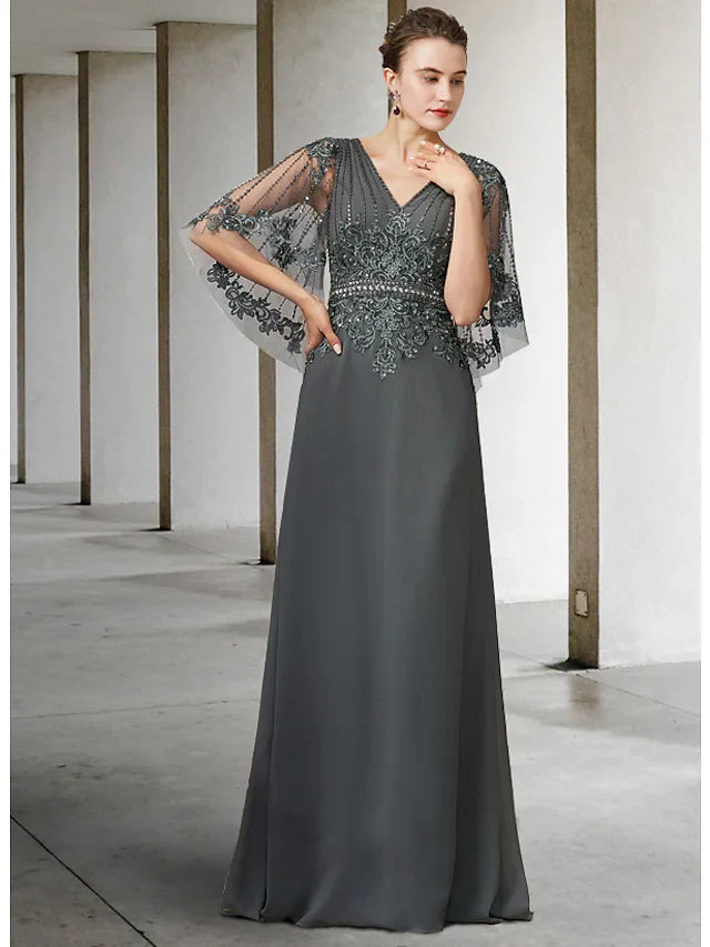 Wholesale A-Line Mother of the Bride Dress Elegant V Neck Floor Length Chiffon Lace Half Sleeve with Sash Ribbon Appliques