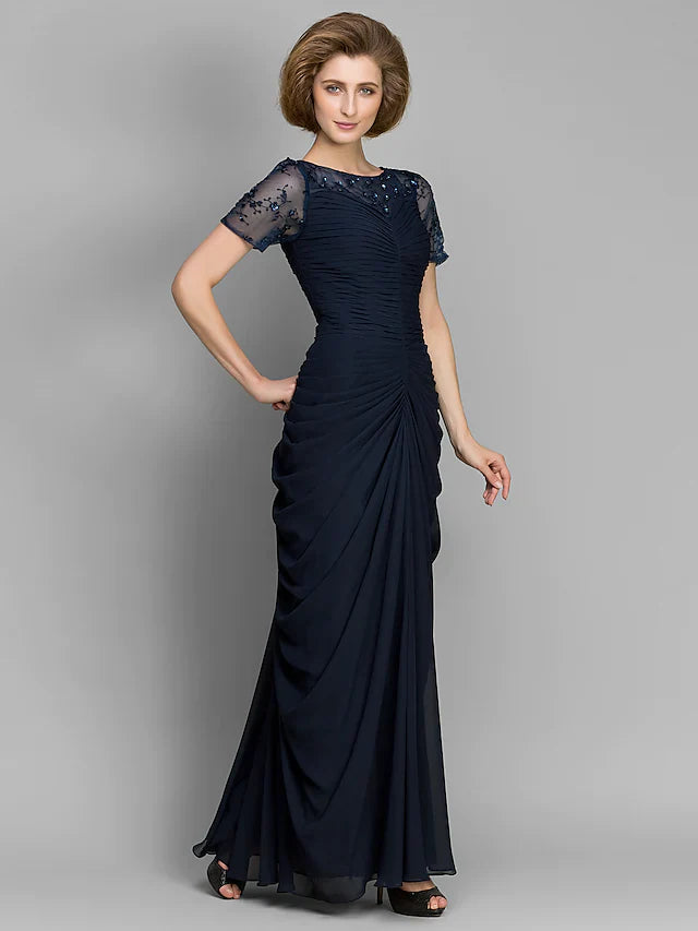 Wholesale Mother of the Bride Dress Elegant Bateau Neck Floor Length Chiffon Short Sleeve with Ruched Beading