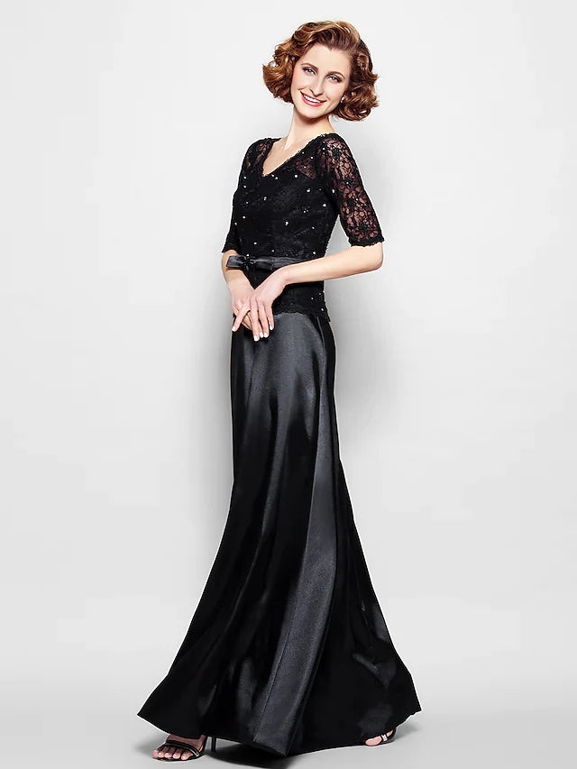 Wholesale Mother of the Bride Dress Elegant V Neck Floor Length Lace Stretch Satin Half Sleeve with Lace Sash Ribbon Bow(s)