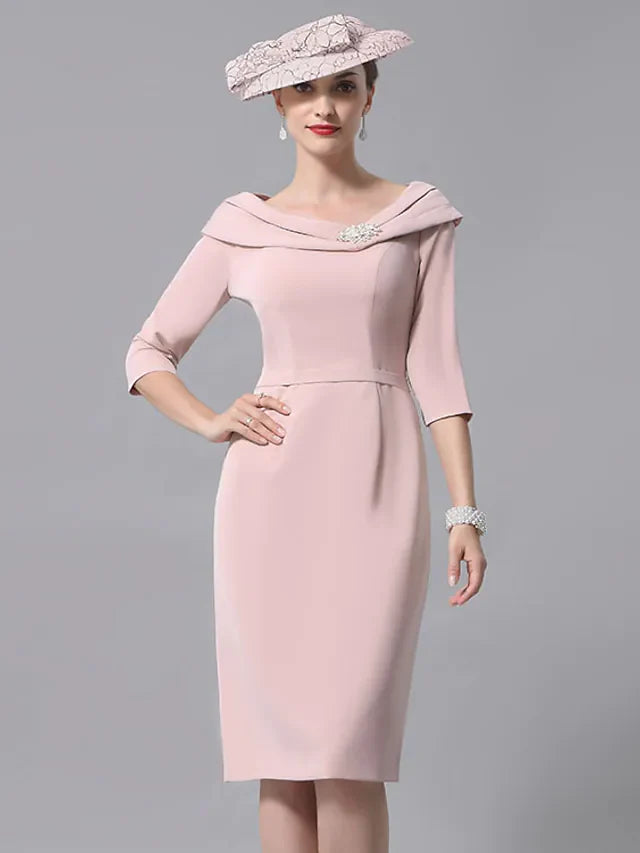 Wholesale Mother of the Bride Dress Plus Size Elegant Vintage Scoop Neck Knee Length Jersey 3/4 Length Sleeve with Beading Crystal Brooch
