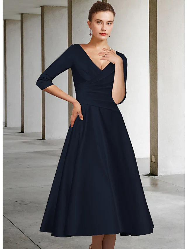 Wholesale A-Line Mother of the Bride Dress Elegant V Neck Tea Length Satin Half Sleeve with Pleats Ruching