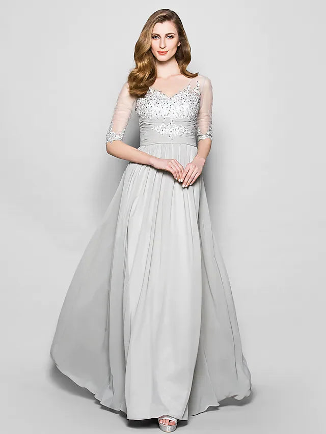 Wholesale A-Line Mother of the Bride Dress V Neck Floor Length Chiffon Tulle Half Sleeve with Ruched Beading Sequin