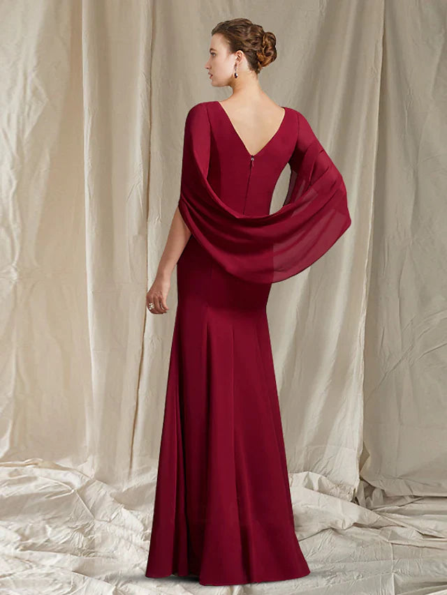 Wholesale Mother of the Bride Dress Elegant Jewel Neck Floor Length Chiffon Half Sleeve with Ruched