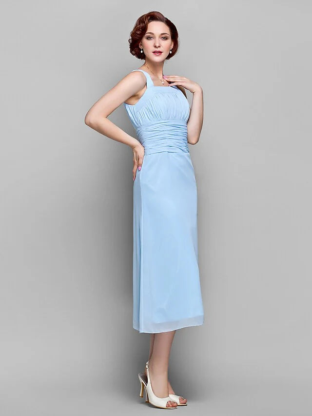 Wholesale Mother of the Bride Dress Elegant Straps Tea Length Chiffon Sleeveless with Ruched Draping