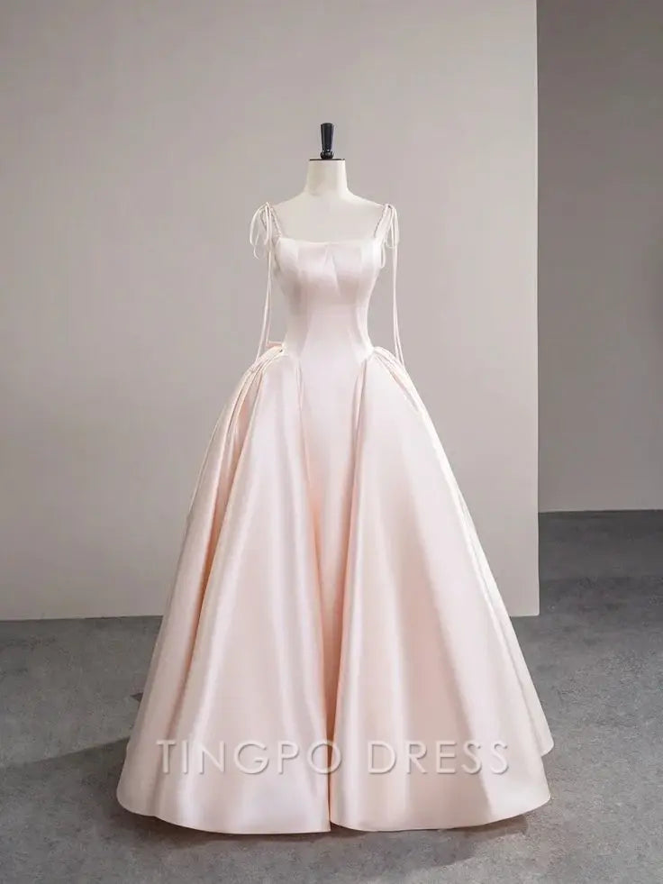 TingPo Wholesale Light Pink Satin Spaghetti Strap Long Prom Dress Beautiful Evening Dress with Bow