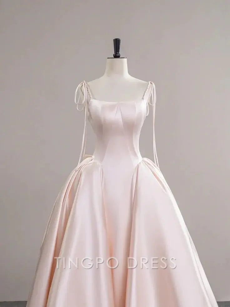 TingPo Wholesale Light Pink Satin Spaghetti Strap Long Prom Dress Beautiful Evening Dress with Bow