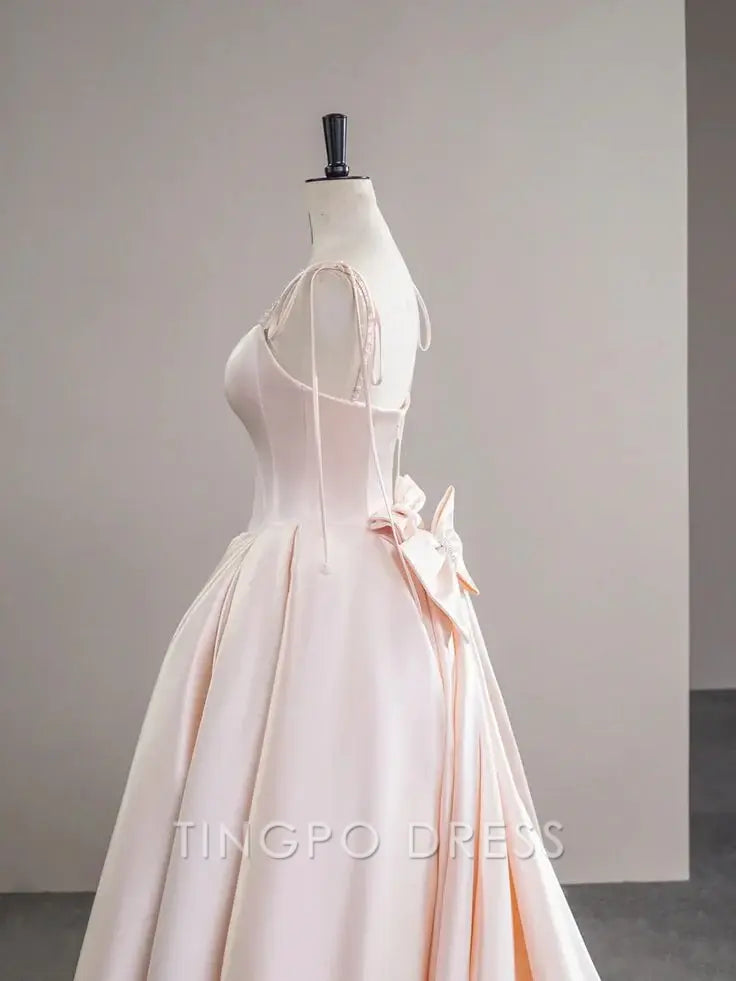 TingPo Wholesale Light Pink Satin Spaghetti Strap Long Prom Dress Beautiful Evening Dress with Bow