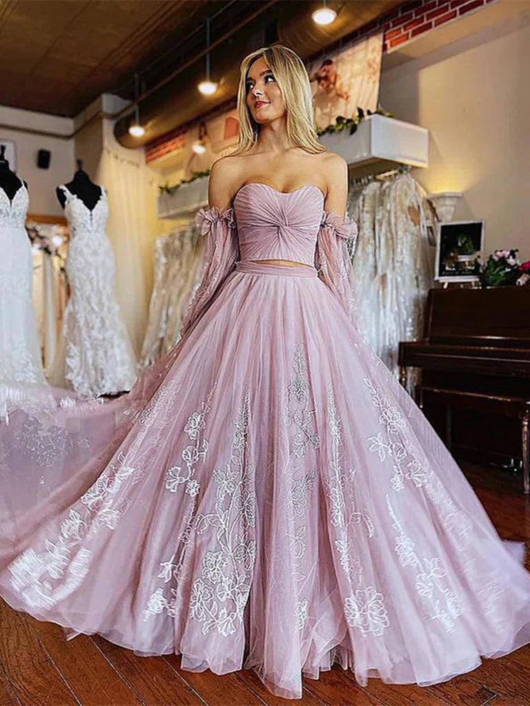 Wholesale Floral Lace Prom Dresses A Line Tulle Formal Evening Dresses