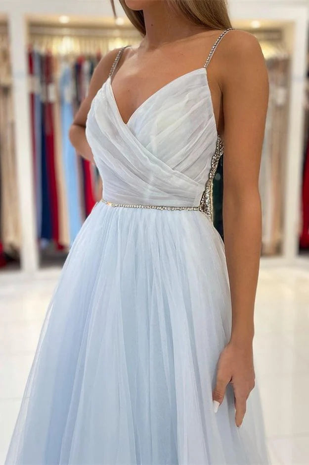 Wholesale Spaghetti Straps V-Neck Tulle Long Prom Dress With Beads