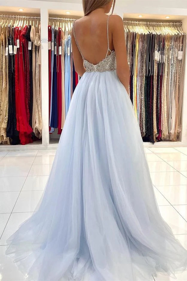 Wholesale Spaghetti Straps V-Neck Tulle Long Prom Dress With Beads