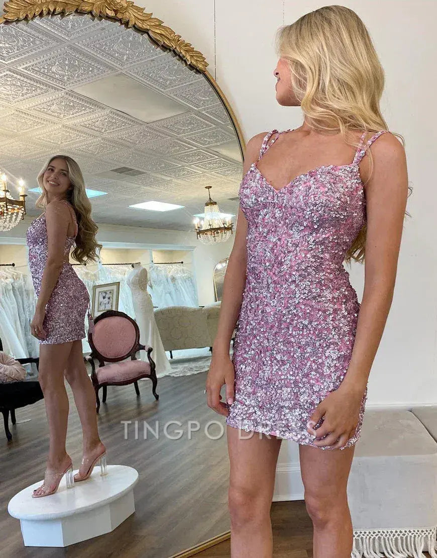 TingPo Wholesale Elegant Lilac Spaghetti Straps Tight Sequin Homecoming Dress formal wear dresses