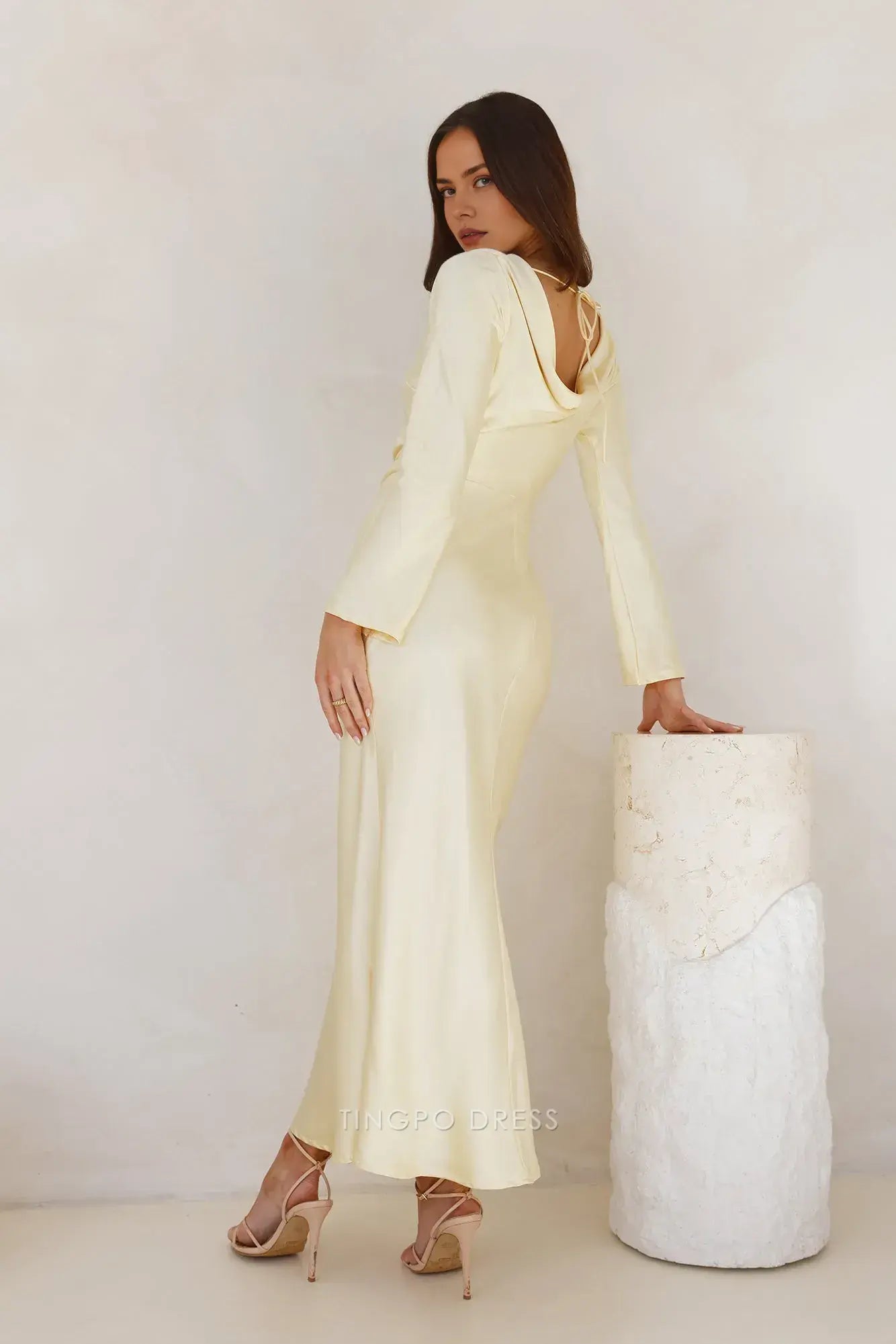 Elegant Long Sleeve Satin Maxi Dress with Cowl Back Prom Dress