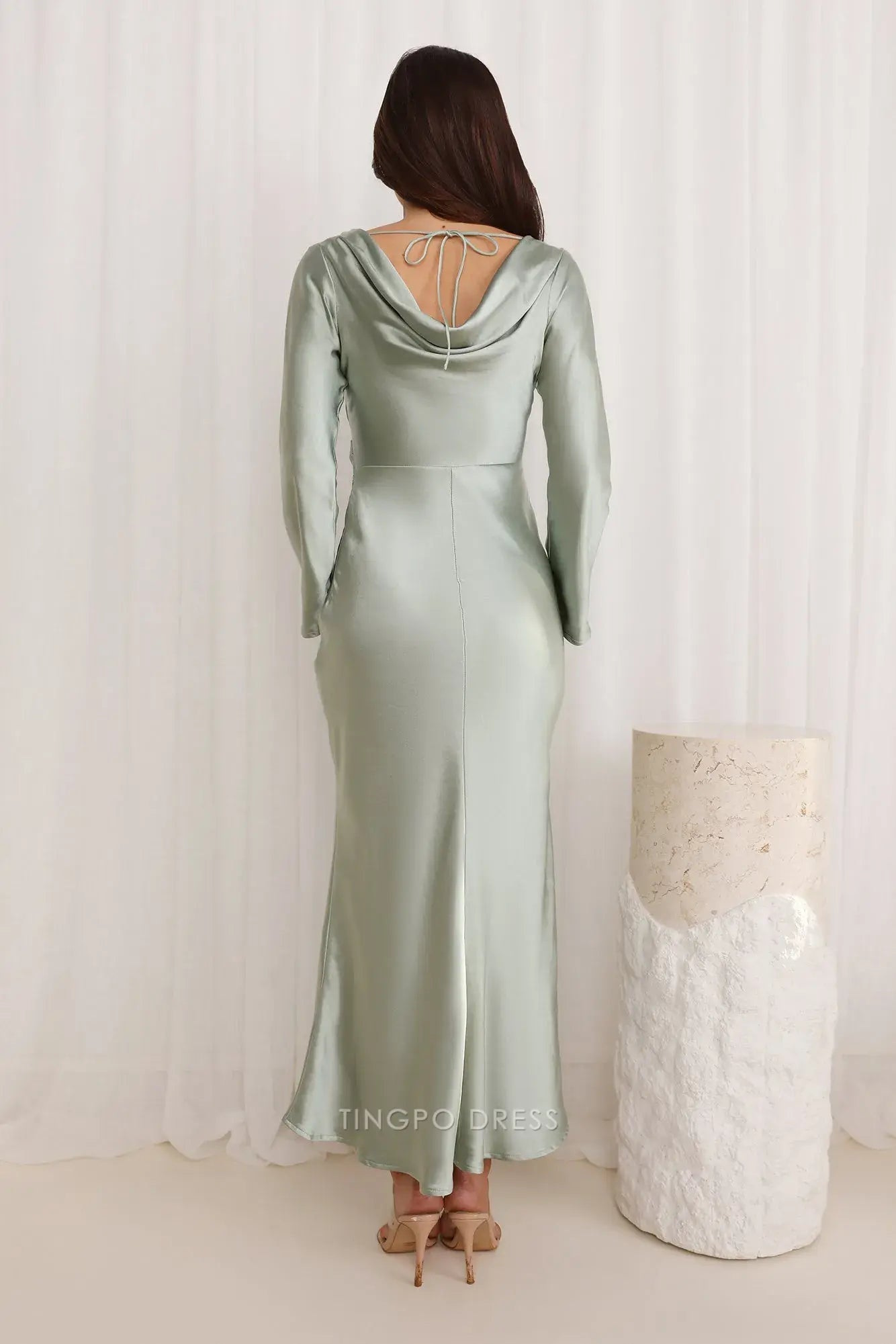 Elegant Long Sleeve Satin Maxi Dress with Cowl Back Prom Dress