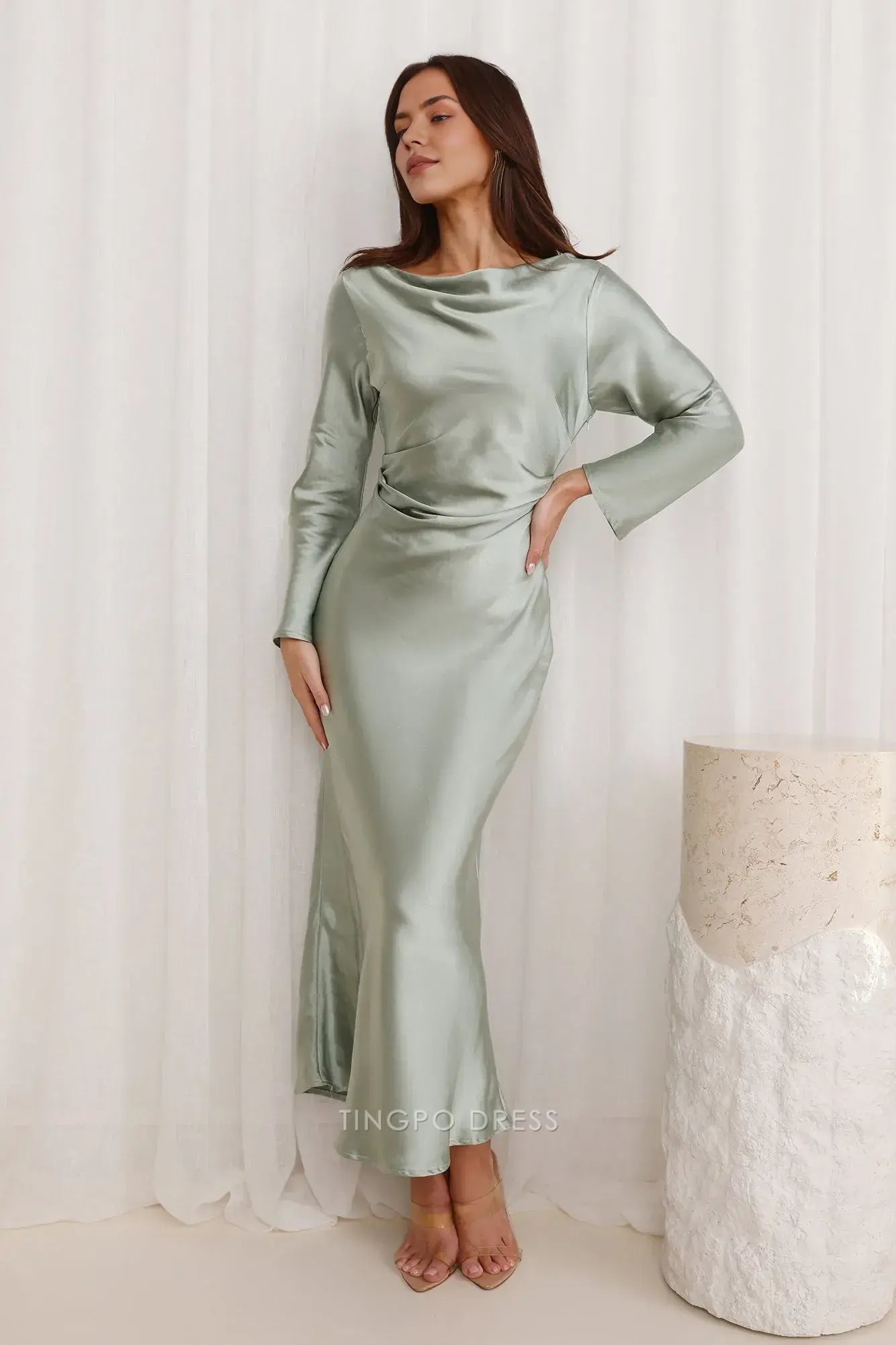 Elegant Long Sleeve Satin Maxi Dress with Cowl Back Prom Dress