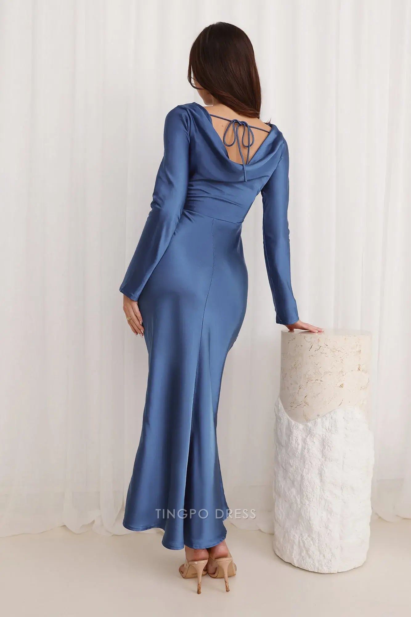 Elegant Long Sleeve Satin Maxi Dress with Cowl Back Prom Dress