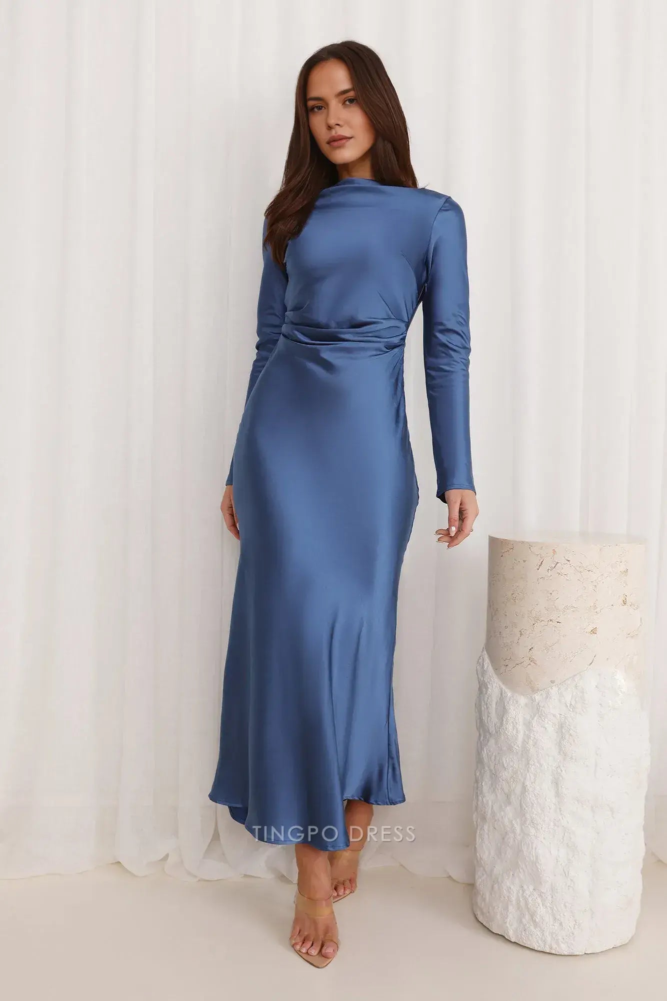 Elegant Long Sleeve Satin Maxi Dress with Cowl Back Prom Dress