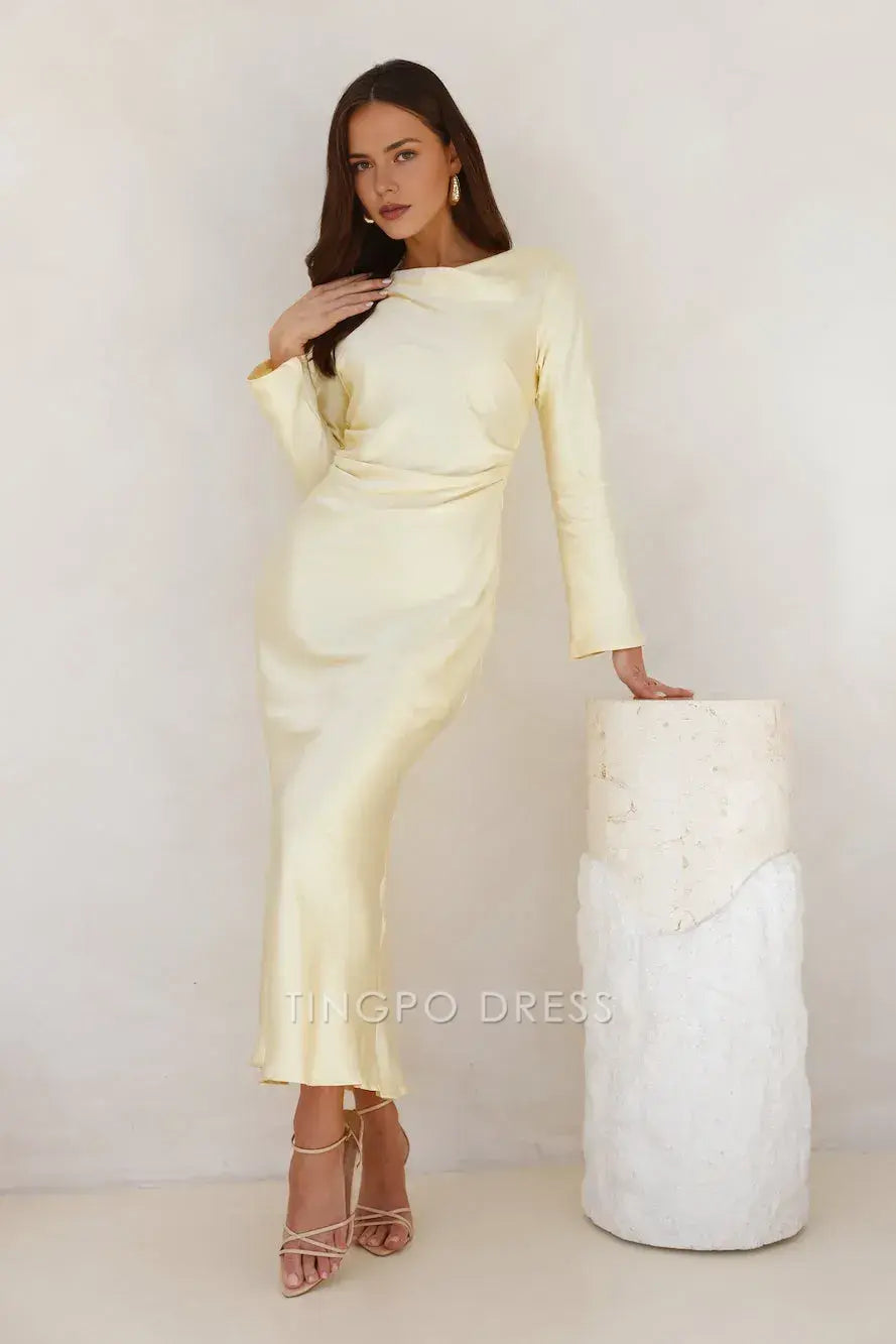 Elegant Long Sleeve Satin Maxi Dress with Cowl Back Prom Dress
