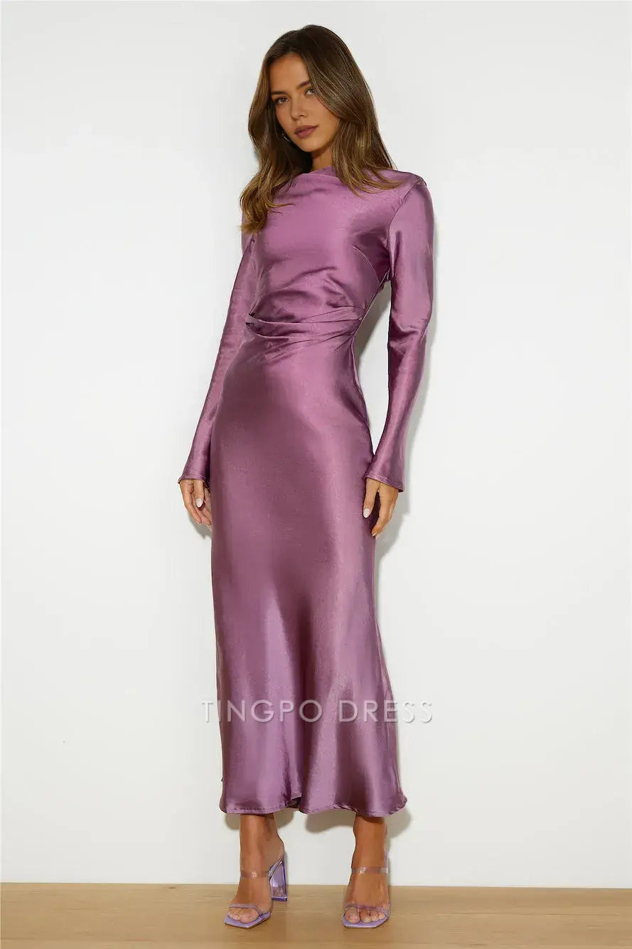 Elegant Long Sleeve Satin Maxi Dress with Cowl Back Prom Dress