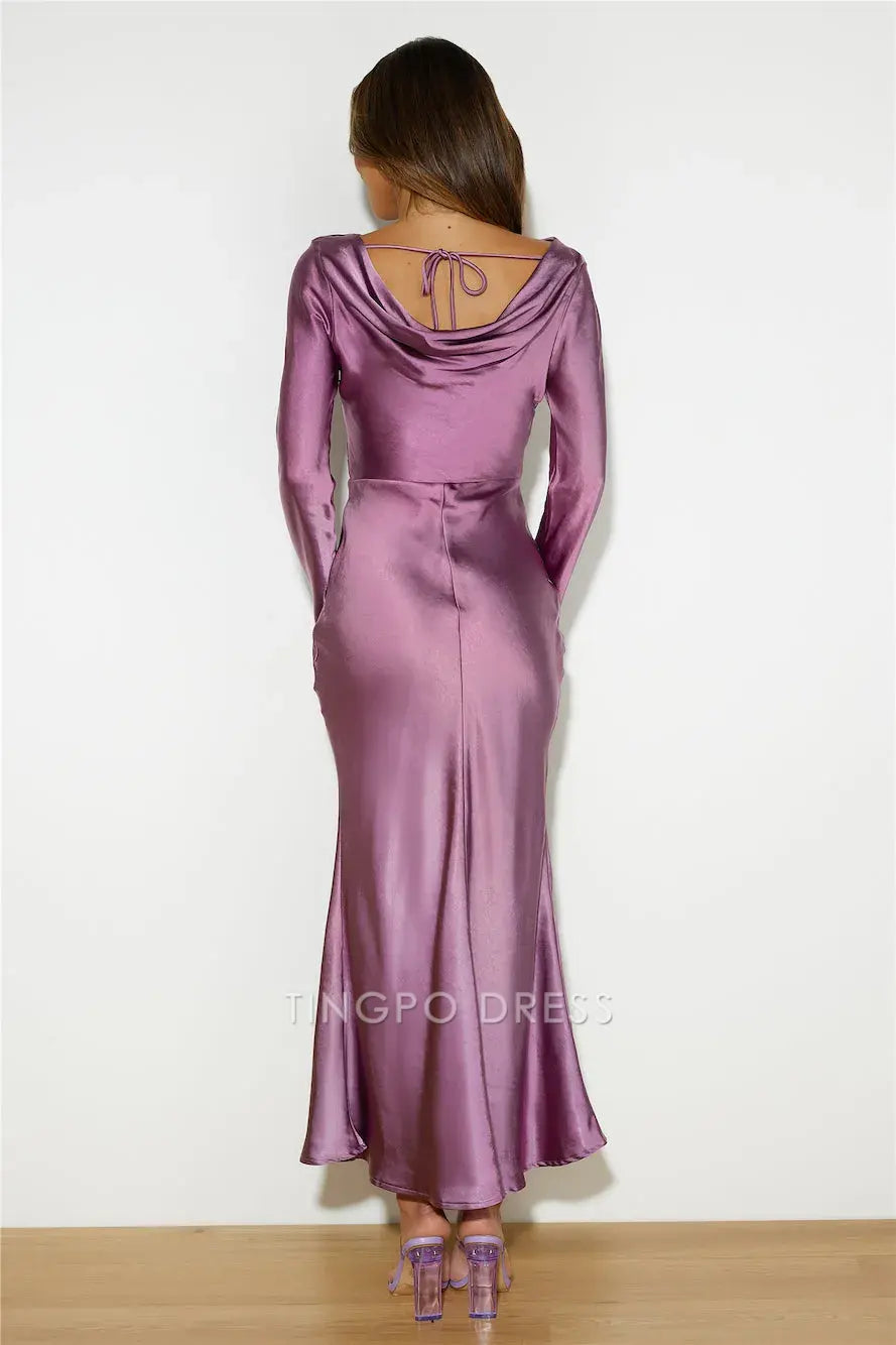 Elegant Long Sleeve Satin Maxi Dress with Cowl Back Prom Dress
