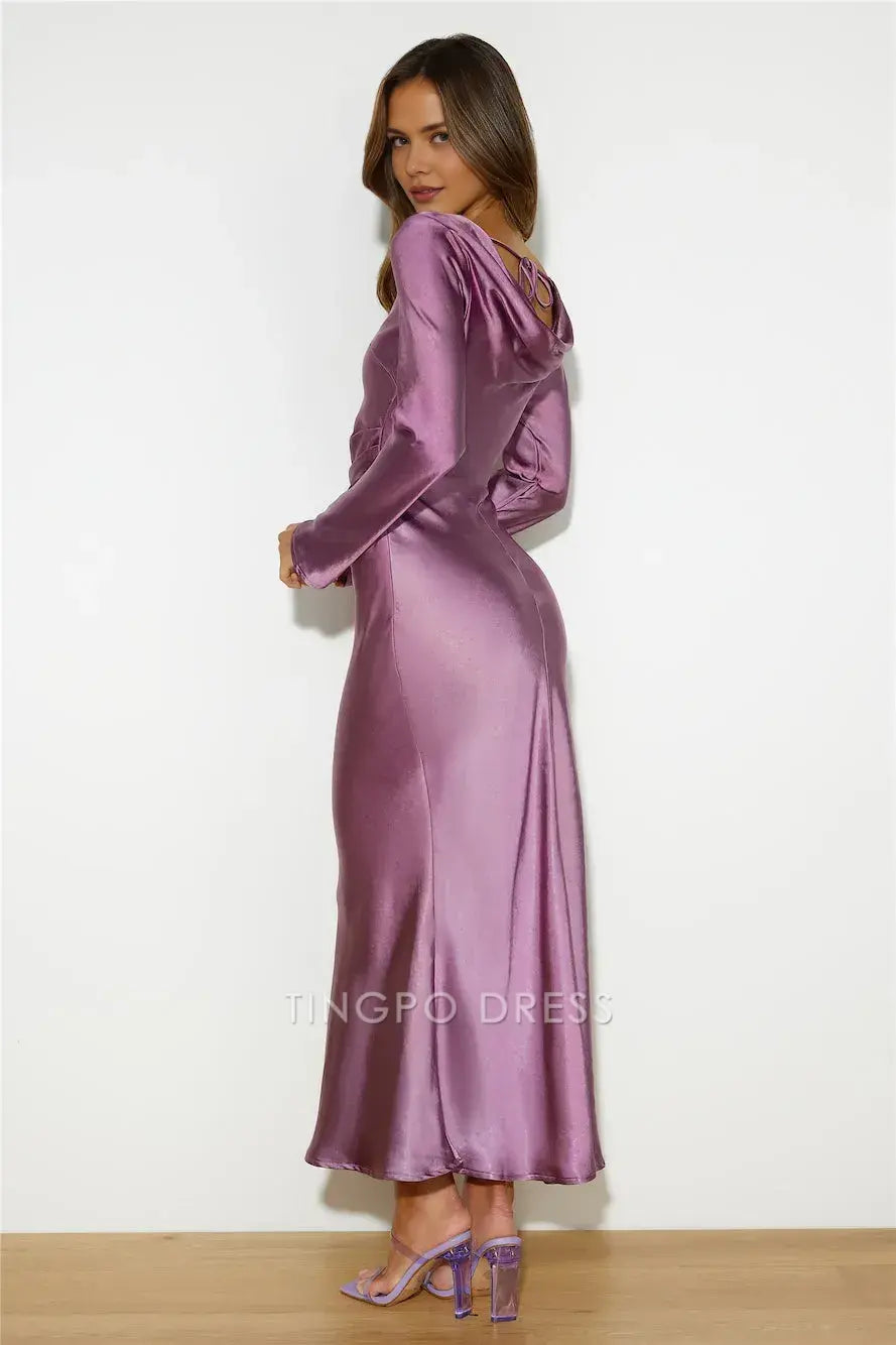 Elegant Long Sleeve Satin Maxi Dress with Cowl Back Prom Dress