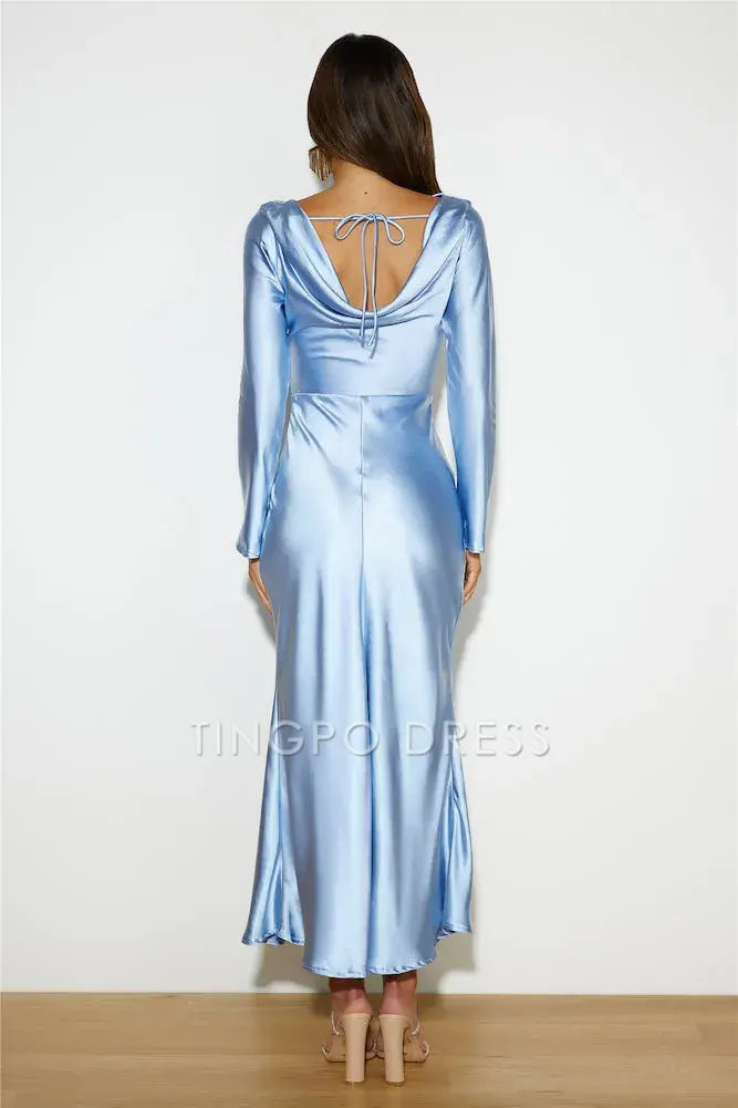 Elegant Long Sleeve Satin Maxi Dress with Cowl Back Prom Dress