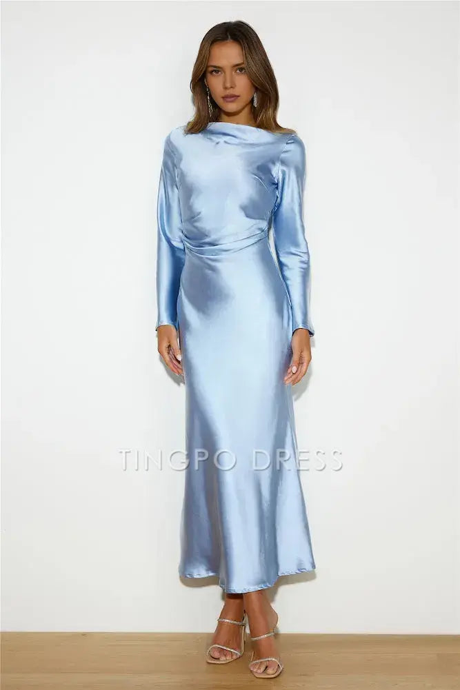 Elegant Long Sleeve Satin Maxi Dress with Cowl Back Prom Dress