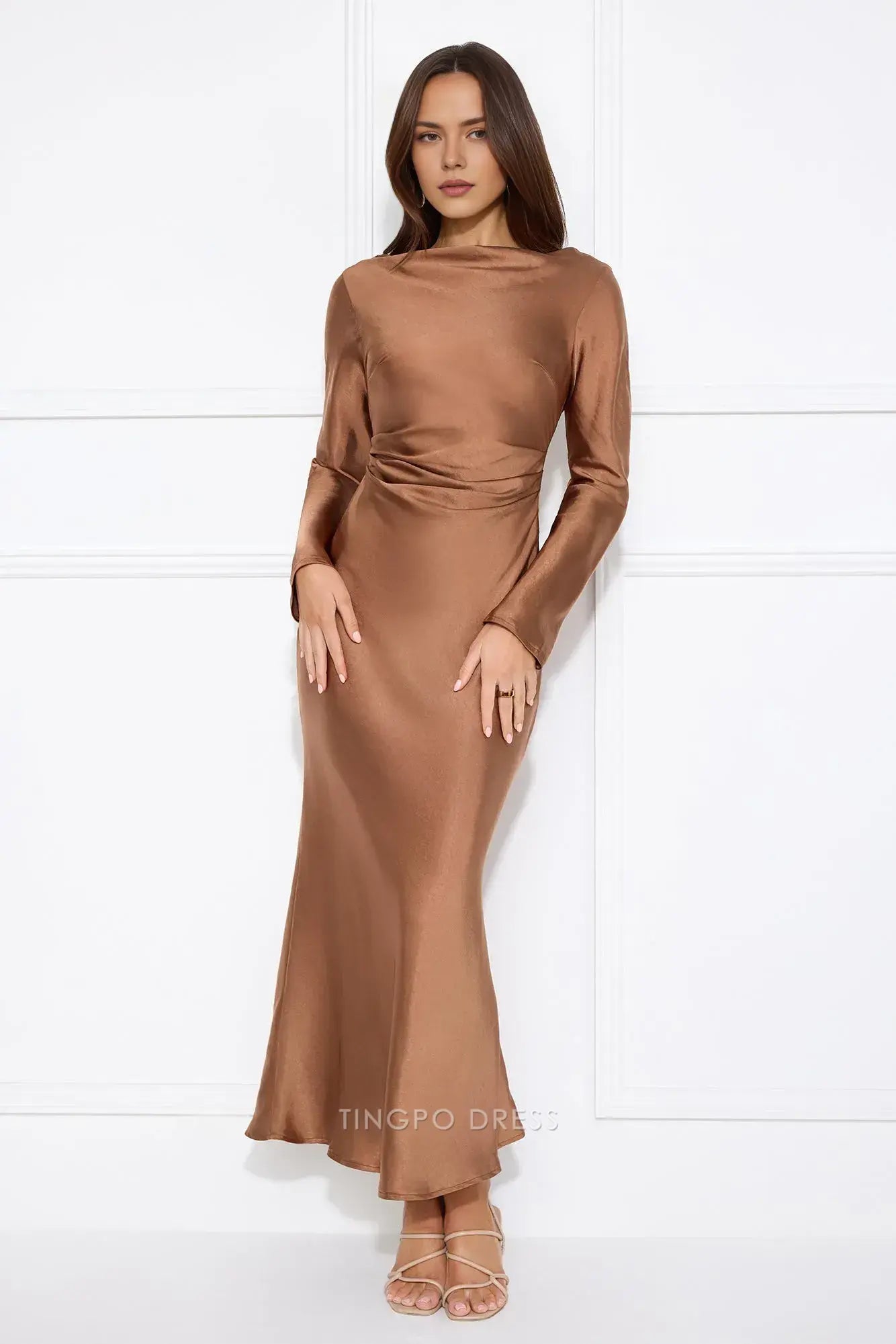 Elegant Long Sleeve Satin Maxi Dress with Cowl Back Prom Dress