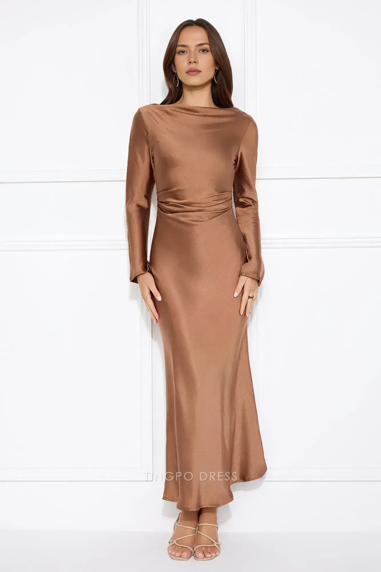 Elegant Long Sleeve Satin Maxi Dress with Cowl Back Prom Dress