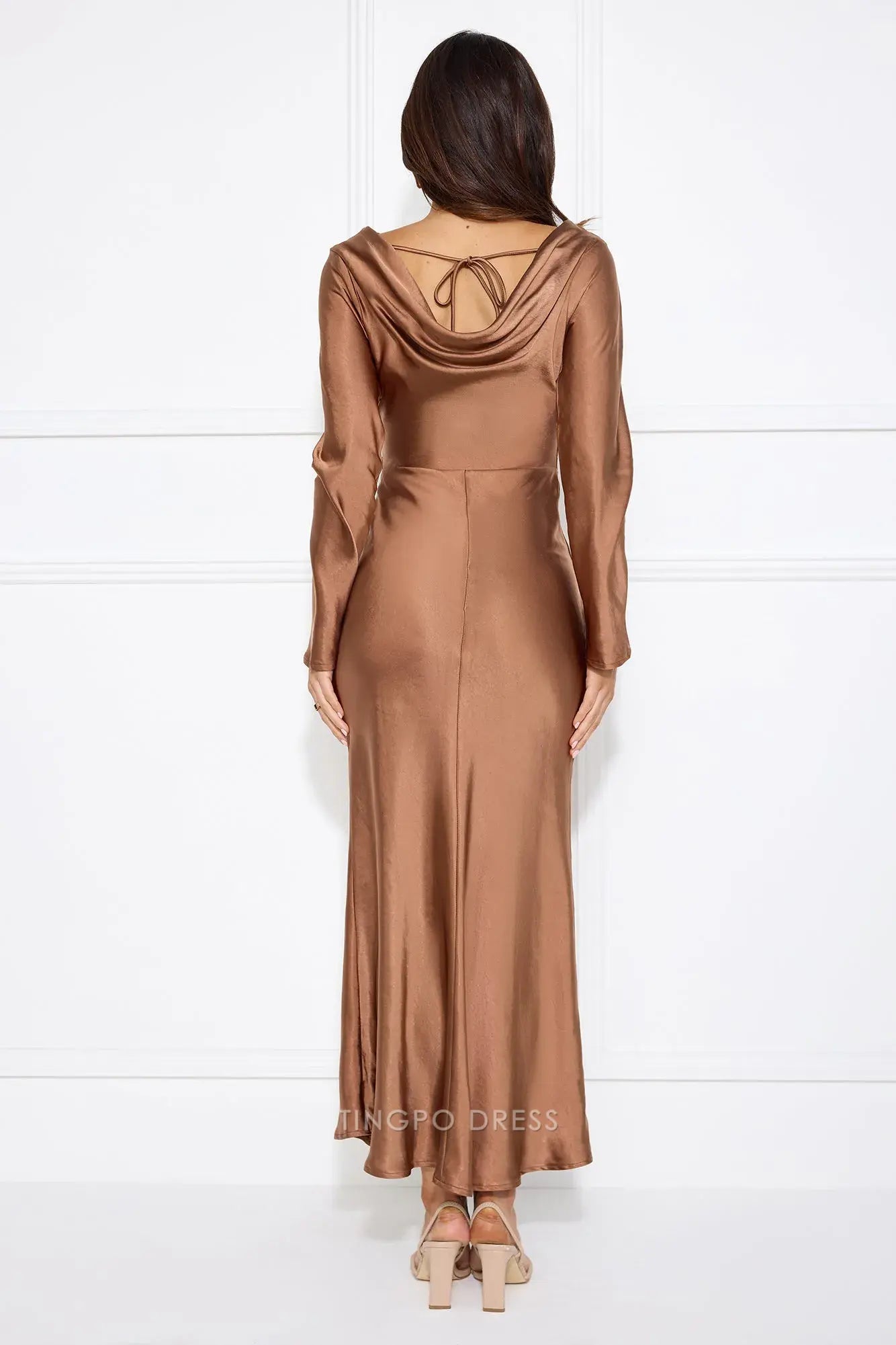Elegant Long Sleeve Satin Maxi Dress with Cowl Back Prom Dress