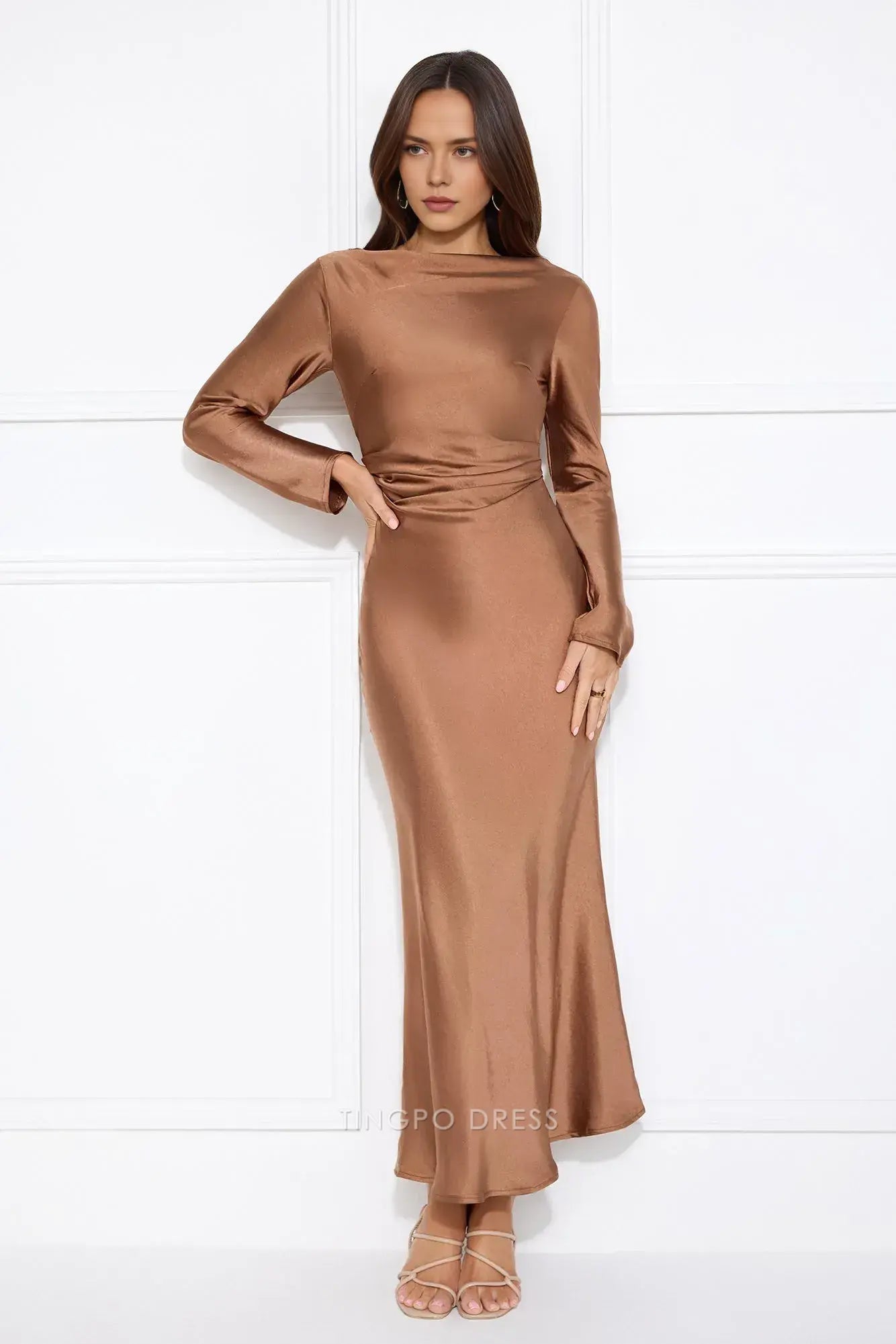 Elegant Long Sleeve Satin Maxi Dress with Cowl Back Prom Dress