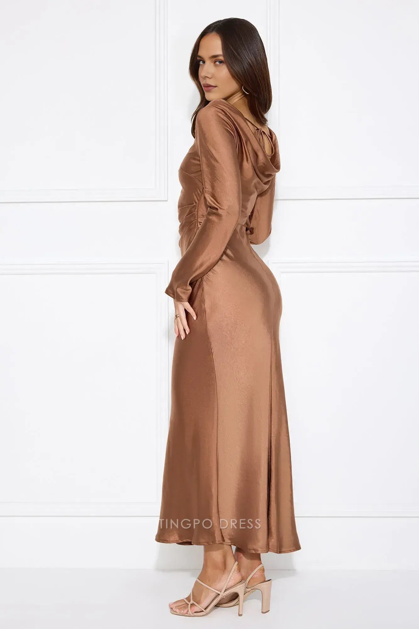 Elegant Long Sleeve Satin Maxi Dress with Cowl Back Prom Dress