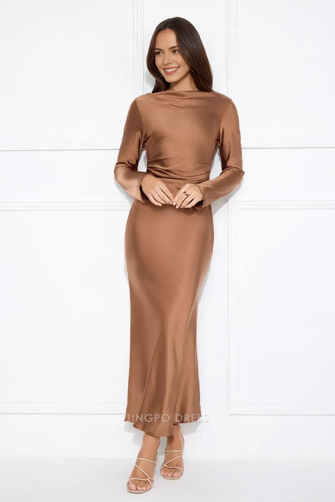 Elegant Long Sleeve Satin Maxi Dress with Cowl Back Prom Dress
