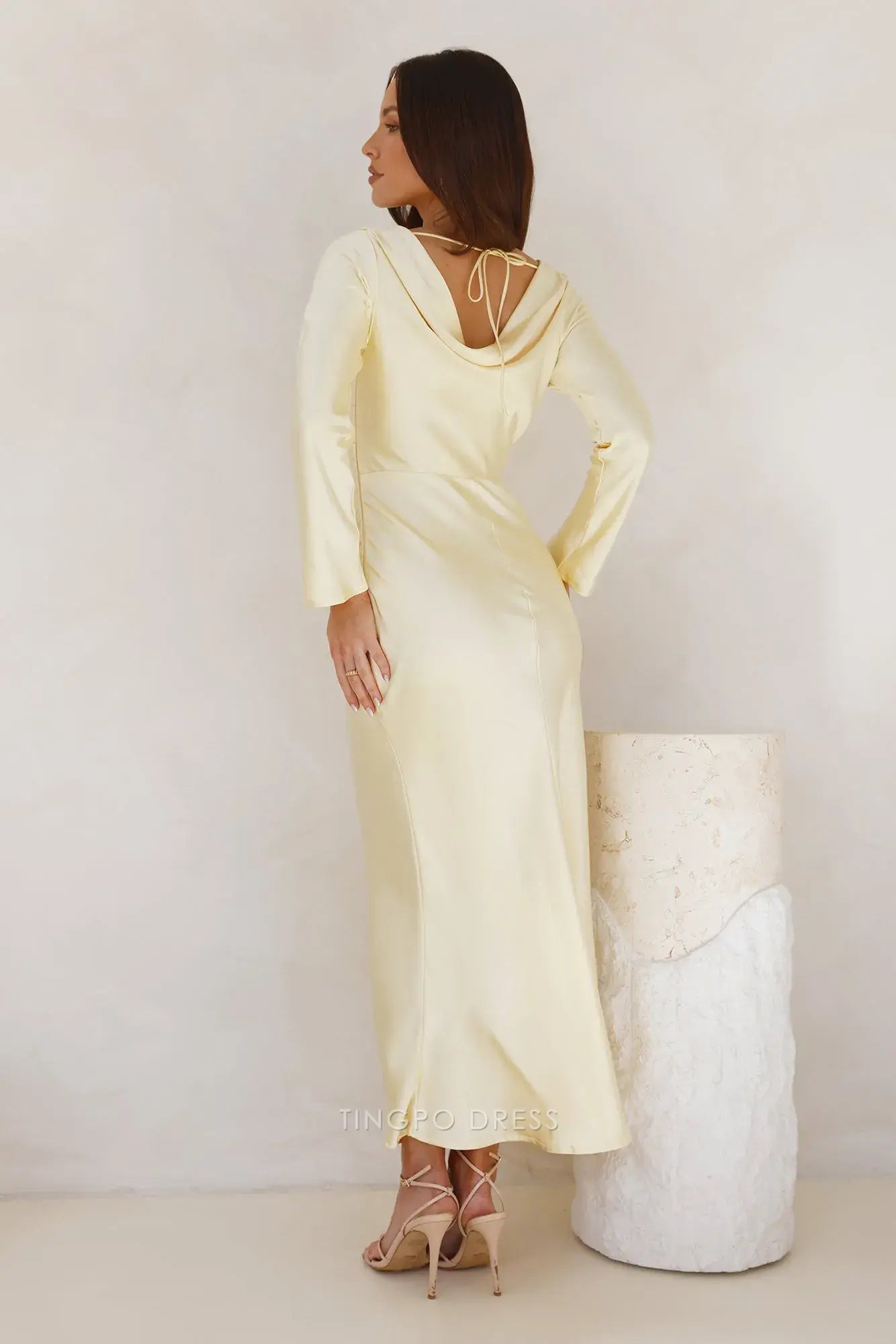 Elegant Long Sleeve Satin Maxi Dress with Cowl Back Prom Dress