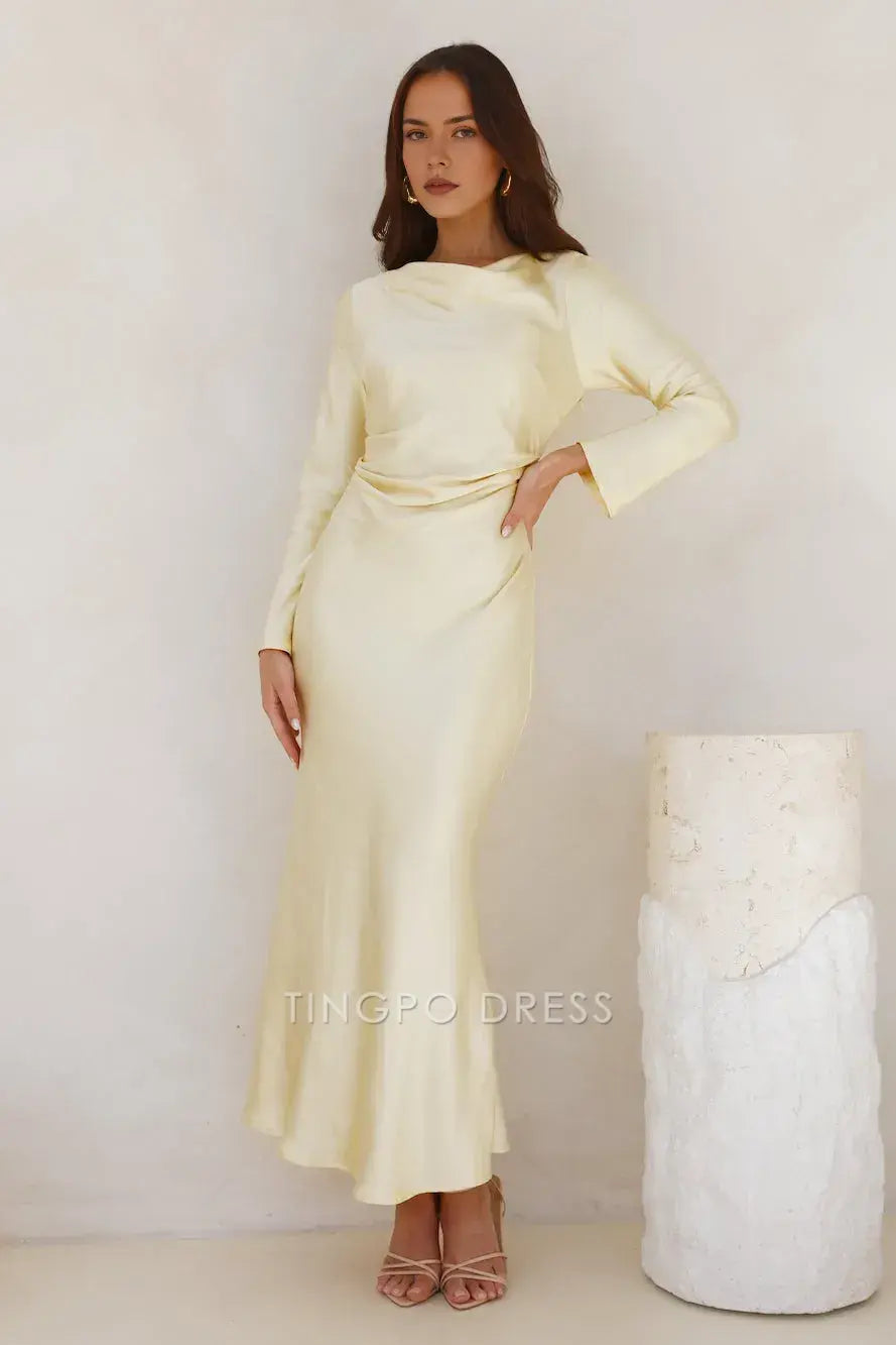 Elegant Long Sleeve Satin Maxi Dress with Cowl Back Prom Dress