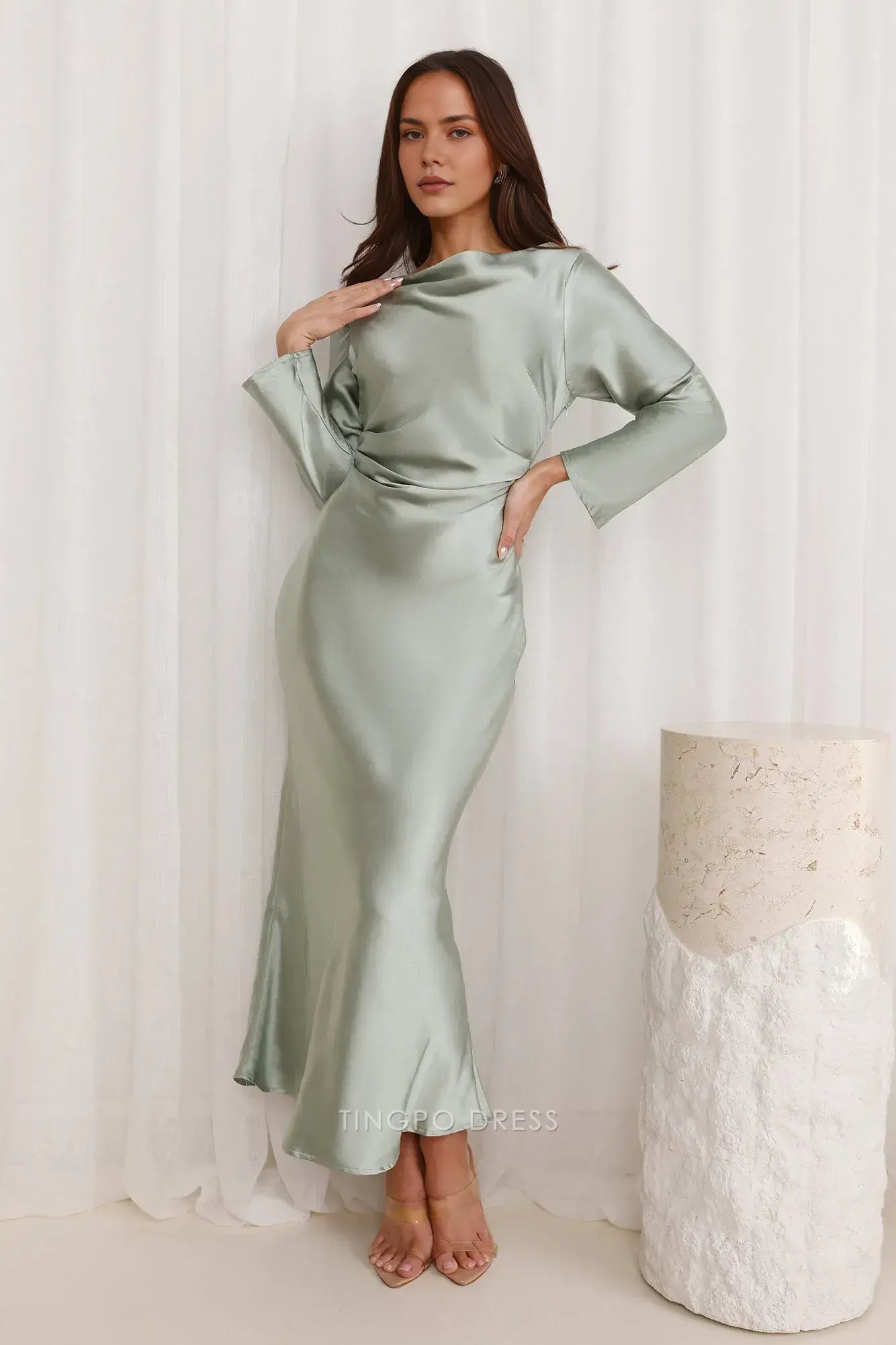 Elegant Long Sleeve Satin Maxi Dress with Cowl Back Prom Dress