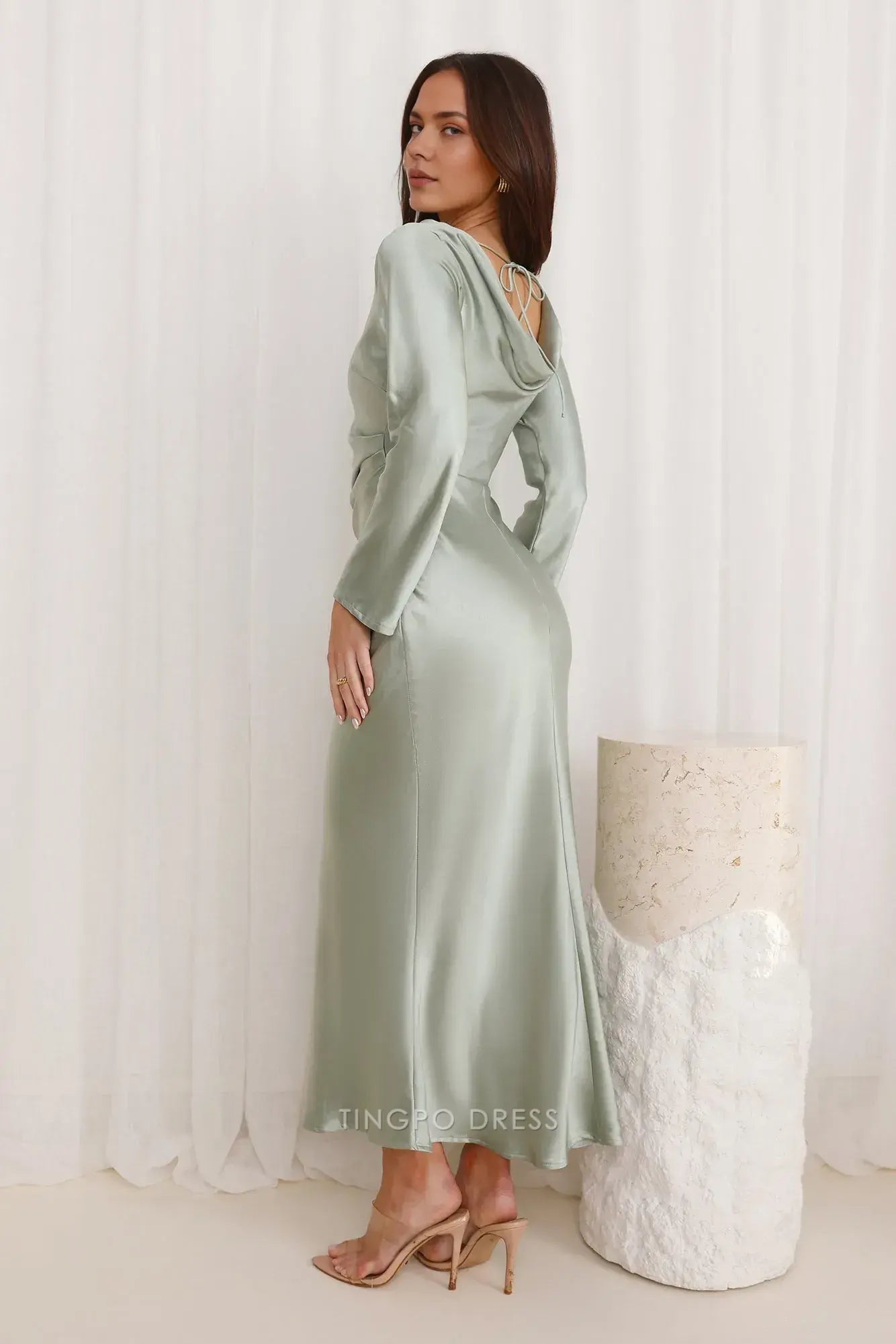 Elegant Long Sleeve Satin Maxi Dress with Cowl Back Prom Dress