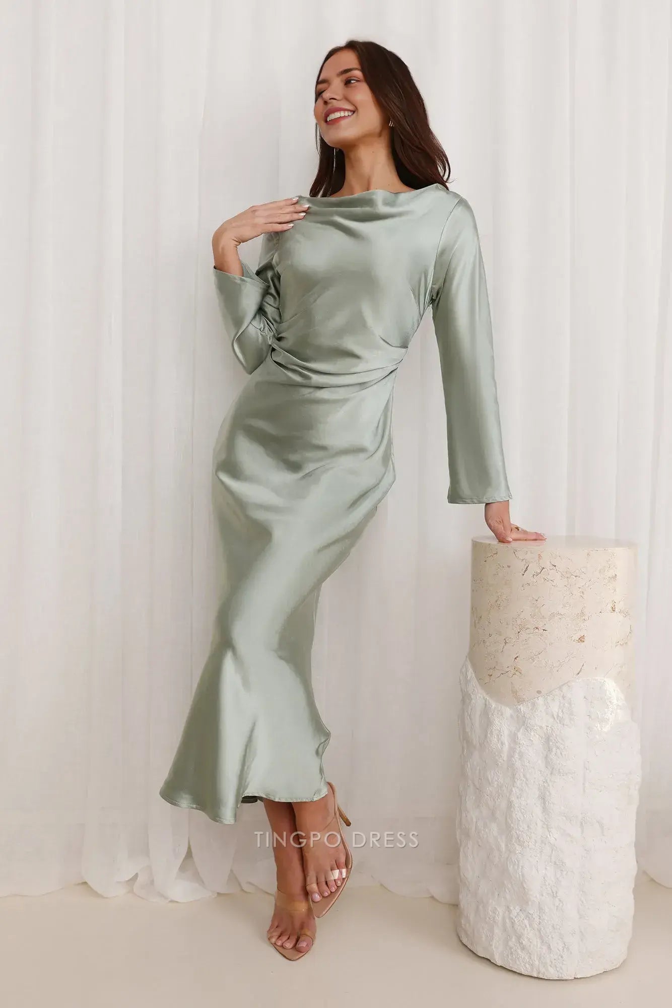 Elegant Long Sleeve Satin Maxi Dress with Cowl Back Prom Dress