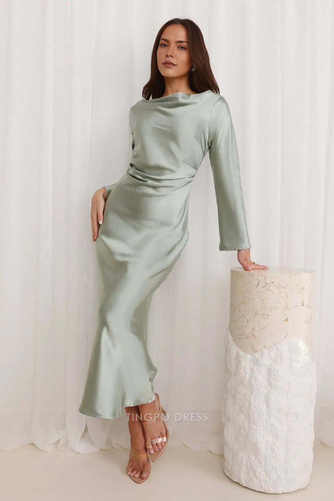 Elegant Long Sleeve Satin Maxi Dress with Cowl Back Prom Dress