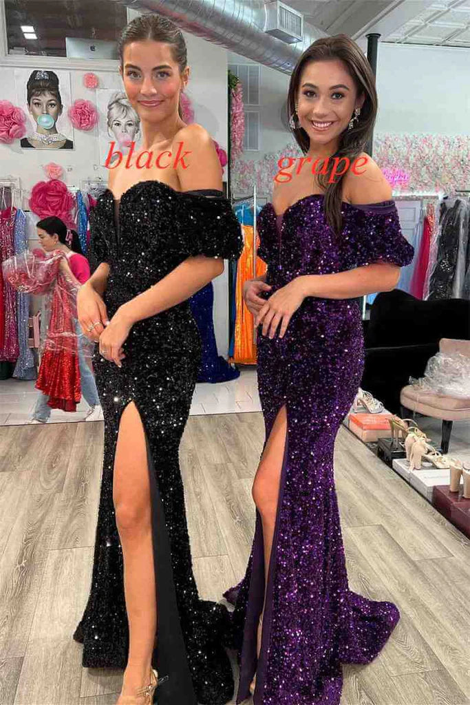 Wholesale Mermaid Off-the-shoulder Sparkly Sequined Prom Dress with Side Slit