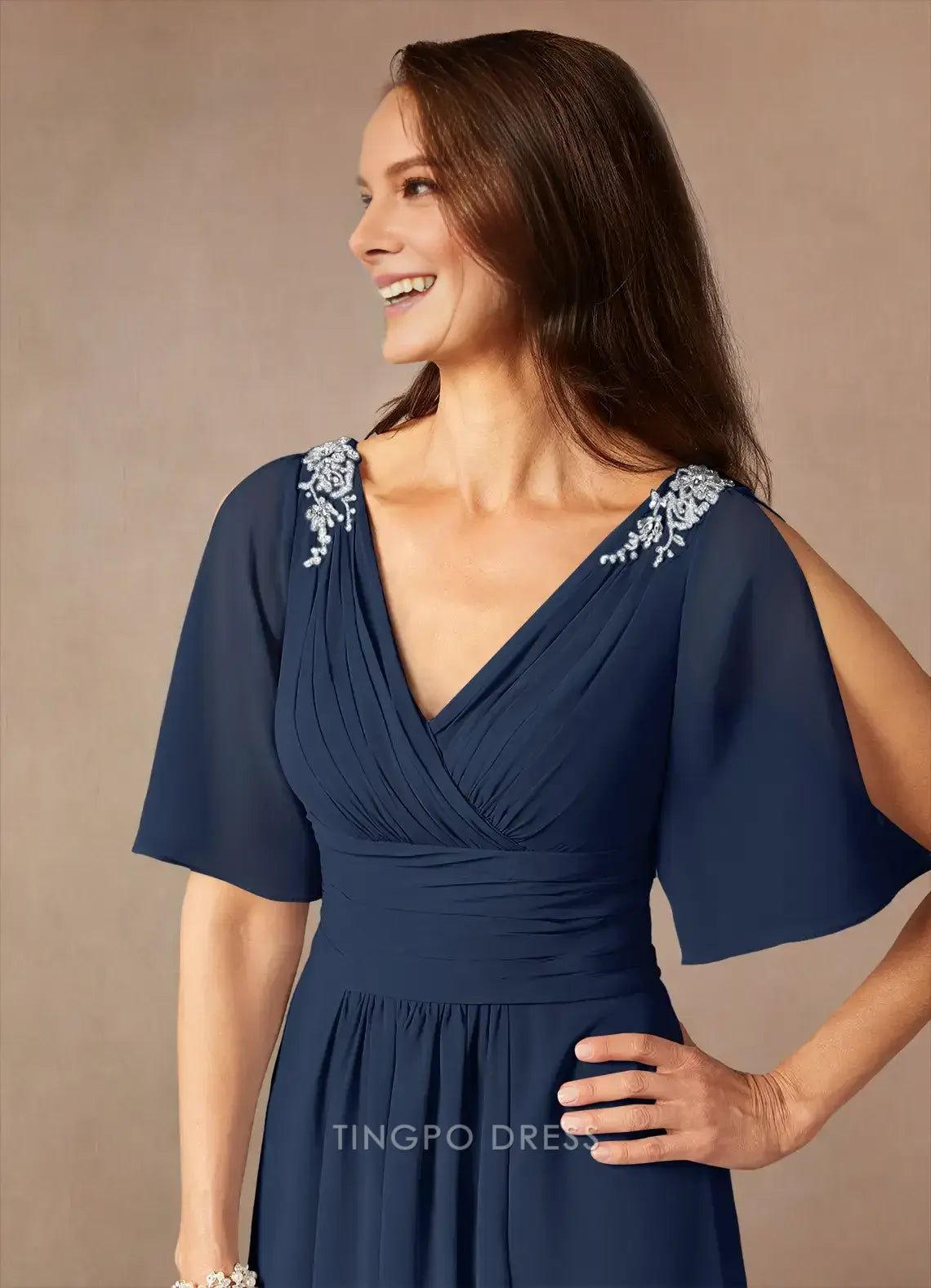 Luxury A-Line V Neck Cap Sleeve Back Zip Ankle-Length Mother of the Bride Dress