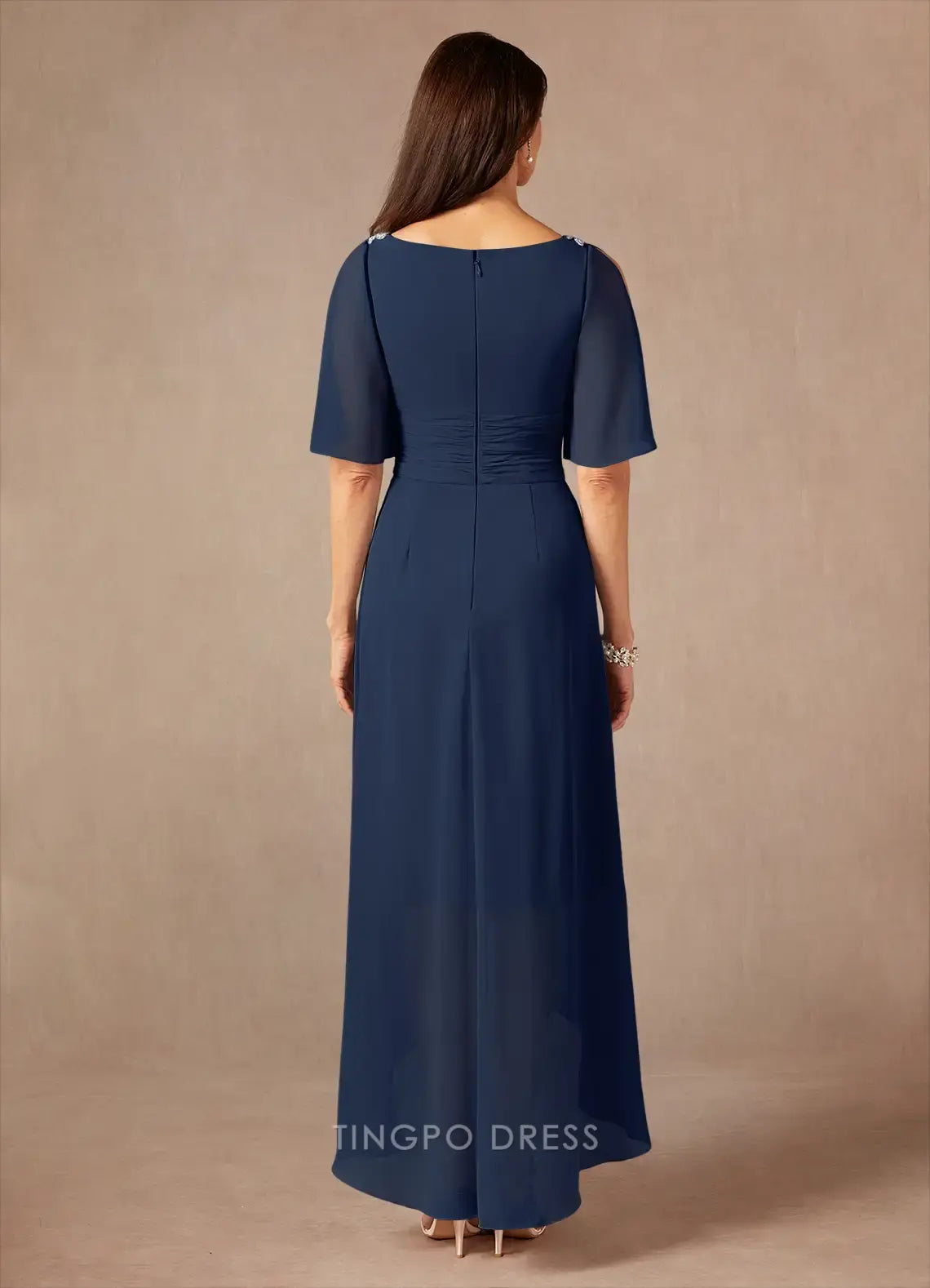 Luxury A-Line V Neck Cap Sleeve Back Zip Ankle-Length Mother of the Bride Dress