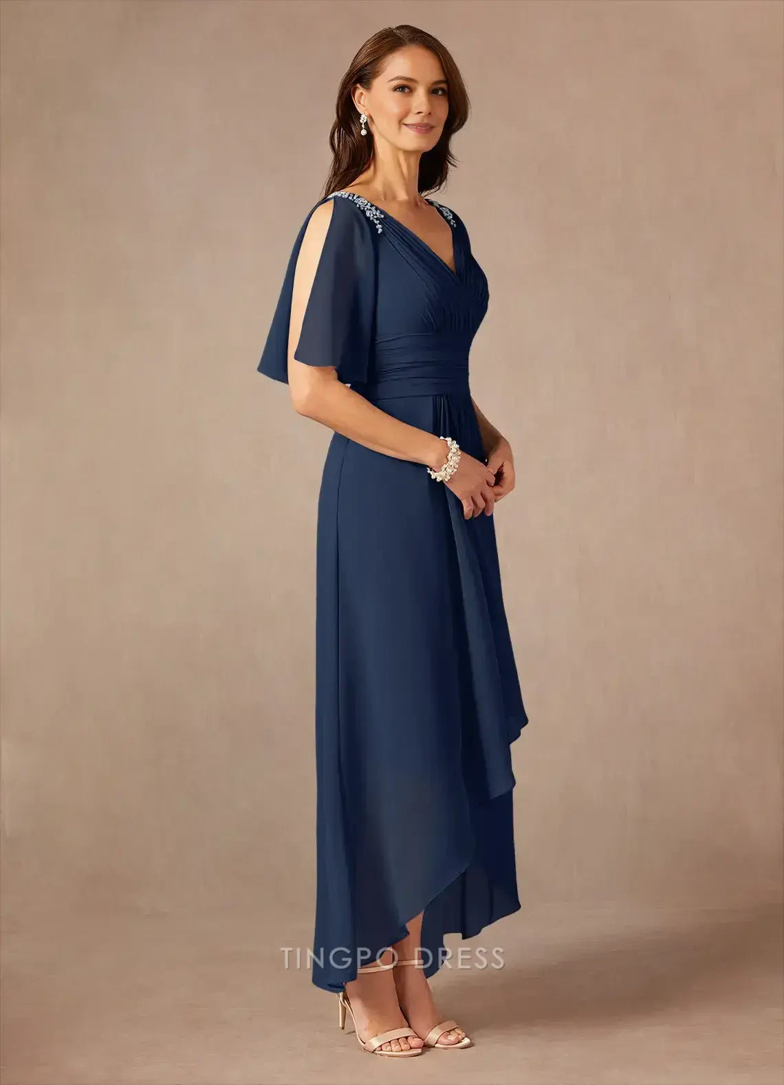 Luxury A-Line V Neck Cap Sleeve Back Zip Ankle-Length Mother of the Bride Dress